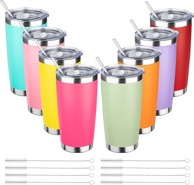 20oz Tumbler with Straw and Brush, Stainless Steel Vacuum Insulated tumbler, Double Wall Insulated Coffee Tumbler for Outdoor, Home, Travel,Office (Mix-1,8pcs)