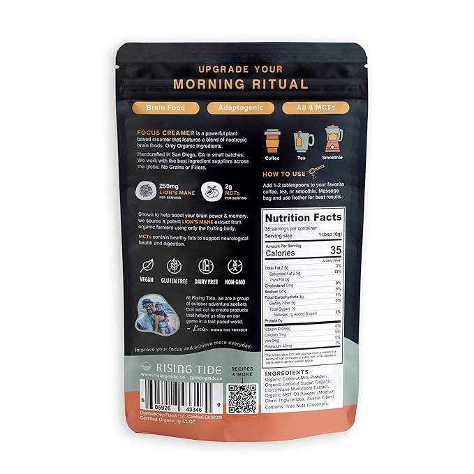 Rising Tide Organic Mushroom Superfood Creamer – Coconut Milk Powder, Lions Mane Mushrooms, MCT Oil - Non Dairy Cream Alternative for Coffee - Plant Based and Keto Friendly (38 Servings)