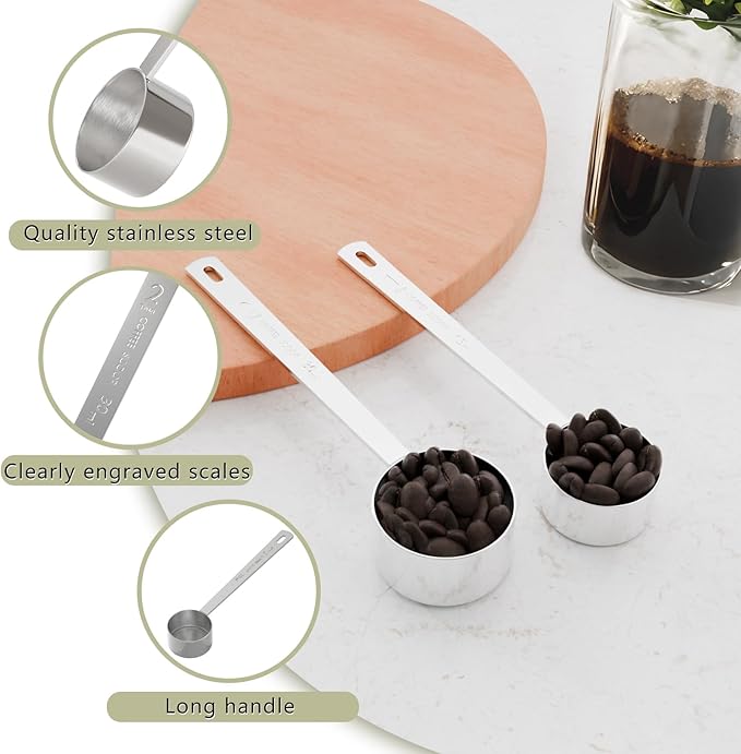 2PCS Coffee Scoop Set (1tbsp, 2tbsp), Long Handle Measuring Spoon, 15 ml and 30 ml Stainless Steel Coffee Scooper