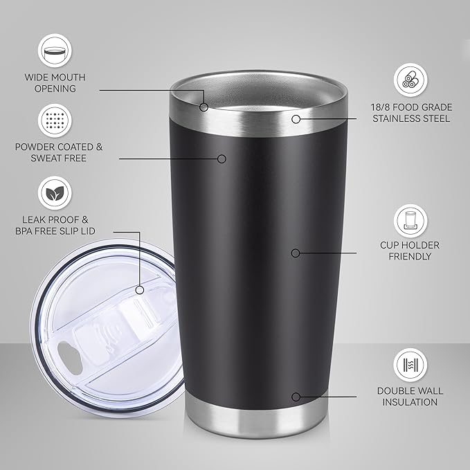 20 oz Tumbler Stainless Steel Tumblers Bulk with Lid Double Wall Insulated Coffee Tumbler Cups for Hot & Cold Drinks Powder Coated Travel Coffee Tumbler Mug Metal (Black, 1 pack)