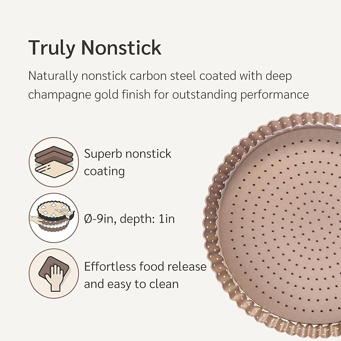 Nonstick 9 Inch Tart Pan with Removable Bottom | PFOA & BPA Free Non Toxic Fluted Pie & Quiche Tin | Best Perforated Non Stick Nontoxic 9in Molds with Holes for Baking