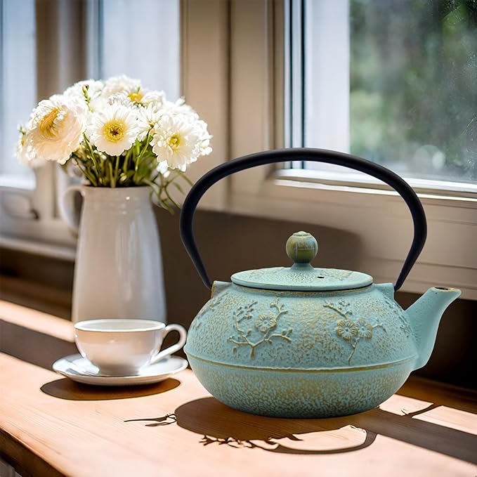 30.4oz Small Cast Iron Tea Kettle,SECHUDO Tea Pot Coated with Enameled Interior for Loose Tea, Cute Cast Iron Teapot with Stainless Steel Infuser for Stovetop Safe (900ml)