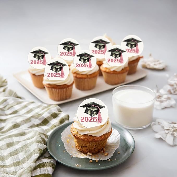 Gyufise 48Pcs Edible 2025 Graduation Cap Cupcake Toppers Wafer Paper Class of 2025 Grad Cap Cupcake Picks for 2025 Graduation Theme Party Cake Decorations Supplies Pink