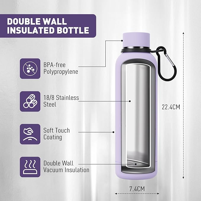 Slim Insulated Water Bottles for Travel 18oz with Clip, Double Wall Vacuum Stainless Steel Water Bottle Keeps Drinks Cold 24 Hrs/Hot 12 Hrs, 100% Leakproof, BPA Free(Purple)