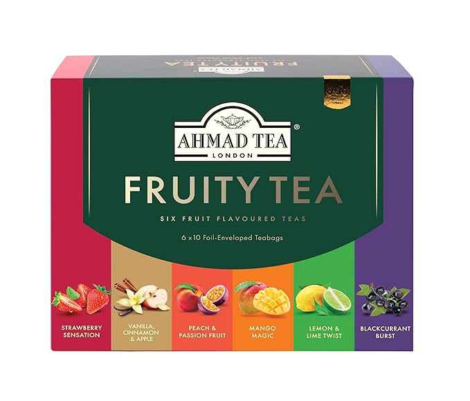 Ahmad Tea Black & Green Tea, Fruitytea Assorted Sampler Variety Gift Box, 60 Foil Teabags - Caffeinated & Sugar-Free