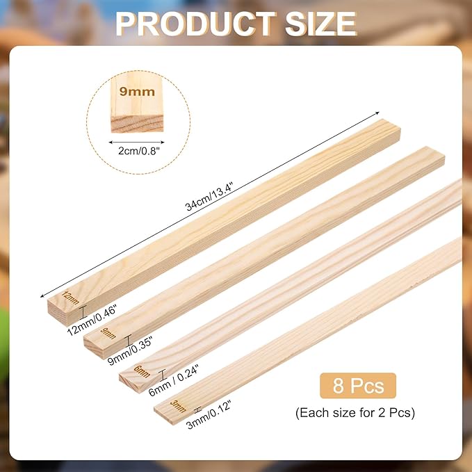 MECCANIXITY 8Pcs Pottery Teaching Rolling Mud Stick Guides, 13" x 0.8" Wood Clay Roller 3 6 9 12mm Thick Ceramic Tools Strips Rolling Guides for Clay Thickness DIY Craft