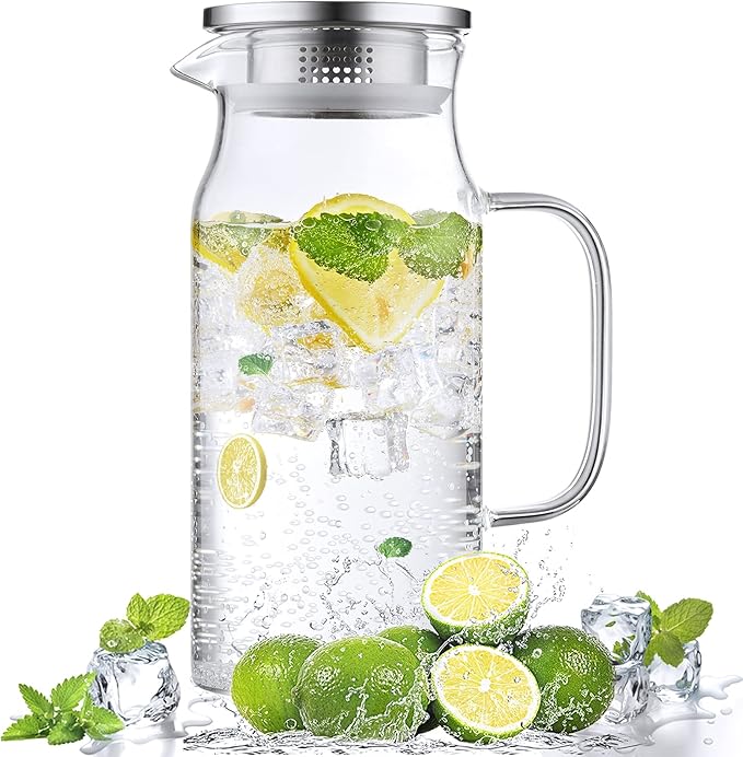 1.2 Liter 40 oz Small Glass Pitcher with Lid and Spout, Glass Carafe for Hot/Cold Water, Iced Tea Jug for Coffee, Juice and Homemade Beverage
