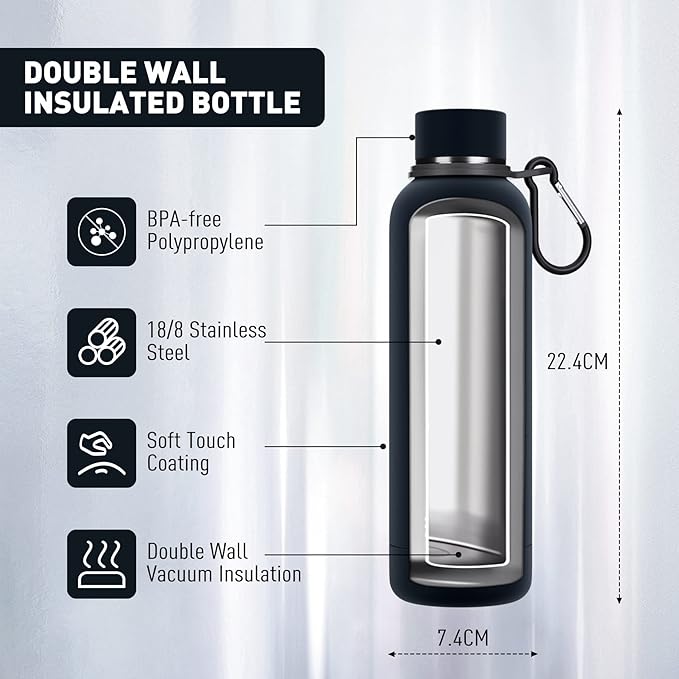 Slim Insulated Water Bottles for Travel 18oz with Clip, Double Wall Vacuum Stainless Steel Water Bottle Keeps Drinks Cold 24 Hrs/Hot 12 Hrs, 100% Leakproof, BPA Free(Black)