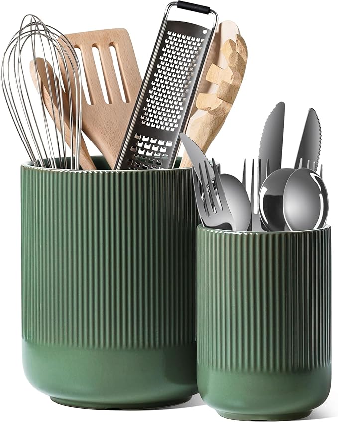LE TAUCI Utensil Holder, 7.3"+5.4" Ceramic Kitchen Utensil Holder for Countertop, Large Cooking Utensil Crocks for Kitchen Counter, Morden Utensil Organizer for Spatula, Set of 2, Forest Green