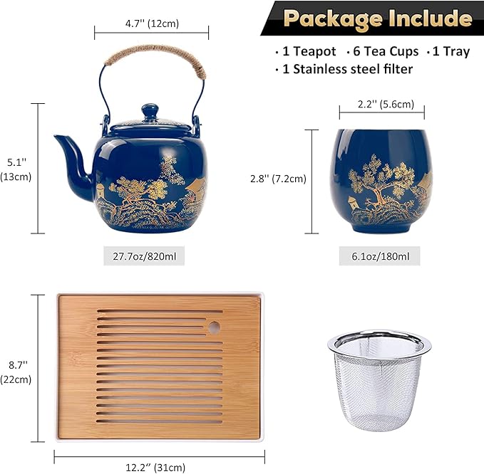 Japanese Tea Set, Black Glazed Tea Set in Gift Box With 1 Teapot, 1 Tea Strainer, 1 Tea Tray and 6 Tea Cups. Ideal Tea Set for Office Home, Asian Tea Sets for Tea Lovers(Country Blue)