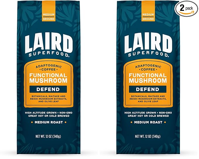 Laird Superfood Boost Coffee, Medium Roast Ground Beans Infused with Functional Mushrooms, Vitamin D and Olive Leaf Powder, 12 oz. Bag (Pack of 2)