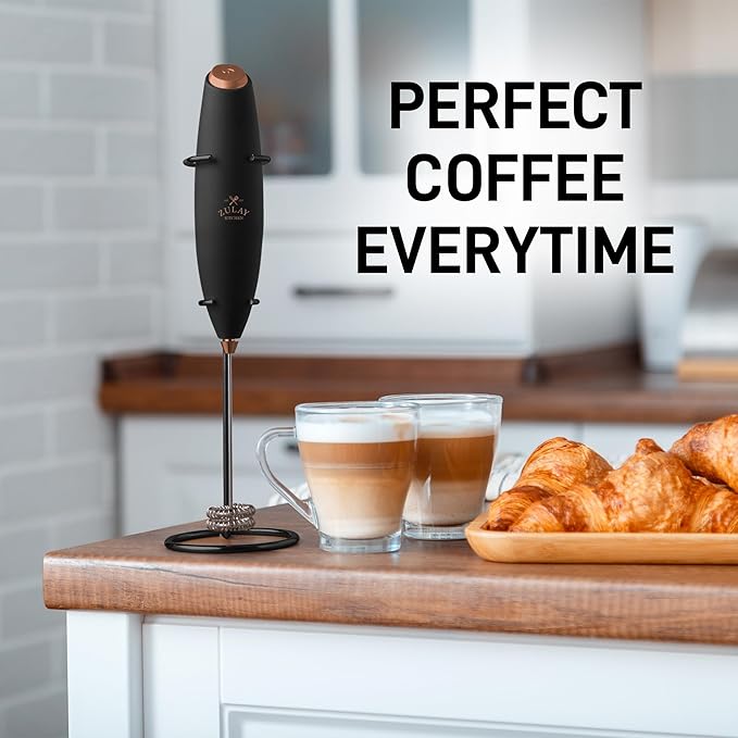 Zulay Double Whisk Milk Frother Handheld Mixer - High Powered Frother For Coffee With Improved Motor - Milk Frother Electric Whisk Drink Mixer For Cappuccino, Frappe, Matcha, Twin Whisk - Black/Copper
