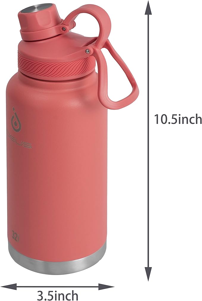 IDEUS Insulated Stainless Steel Water Bottle with 2 Leak-Proof Lids, Thermal Water Flask for Hiking Biking, 32oz, Red