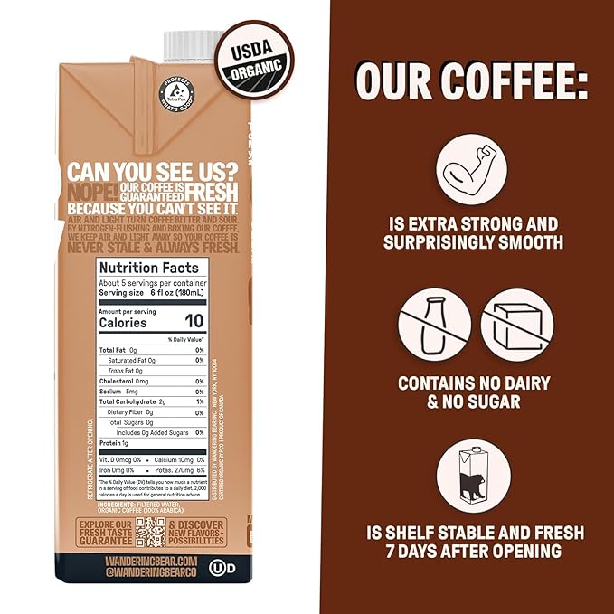 Wandering Bear Straight Black Organic Cold Brew Coffee, 32 fl oz, 6 pack - Extra Strong, Bold, Smooth, Unsweetened, Shelf-Stable, Ready to Drink, 100% Organic, Iced Cold Brewed Coffee Drinks