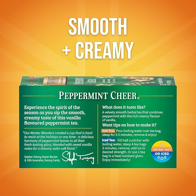 Twinings Peppermint Cheer Herbal Tea Individually Wrapped Bags, 20 Count (Pack of 6), Peppermint & Creamy Vanilla, Naturally Caffeine-Free, Enjoy Hot or Iced, 120 Teabags