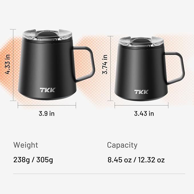 TKK 12 oz Insulated Coffee Mug with Handle Ceramic Coating Detachable Slider Lid Stainless Steel Tumbler Double Wall Vacuum Travel Cup