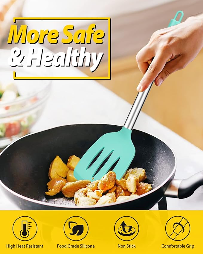 Pack of 4 Silicone Cooking Utensils Set, Non Stick Large Solid Spatulas, Heat Resistant Blue Slotted Spoons, Ideal BPA Free Kitchen Turners for Frying, Mixing,Serving,Draining,Turning,Stirring