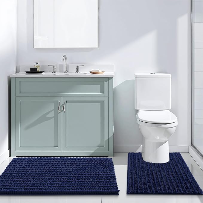 Arotive Luxury Chenille Bathroom Rug Mat, Extra Soft Thick Absorbent Shaggy Bath Rugs, Non-Slip Machine Wash Dry, Plush Bath Mats for Bathroom, Shower and Tub, 70x24, Navy
