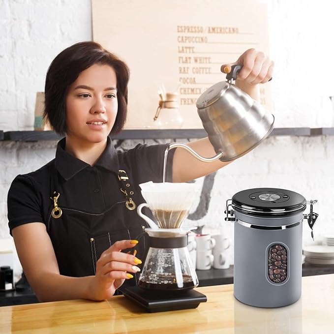 1500ML Airtight Coffee Canister with Date Tracker&Transparent Window, 18OZ Coffe Beans Storage with 30ML Measure Spoon&4 co2 Valve, Coffee Container for Grounds Coffee, Beans, Tea, Sugar, Flour(Gray)