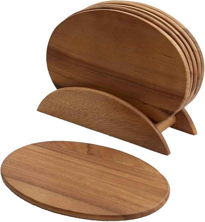 6 Acacia Wood Serving Boards with Stand, Perfect for Serving, Sushi, Cheese, Hors d'oeuvre, Charcuterie, Sandwiches by Woodard & Charles, 7 Piece Set, 9 1/2" x 6 1/2" ★★PACK OF 10★★