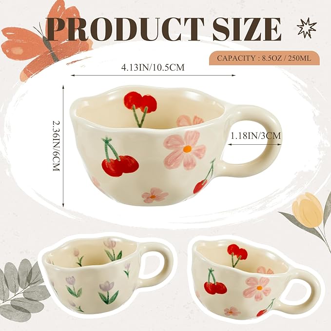 Vesici 2 Pcs Ceramic Coffee Mugs Flower Cups with Spoon Vintage Floral Mugs with Handle 8.5 oz Aesthetic Tea Porcelain Cup Gift for Valentine Office Home, Dishwasher and Microwave Safe(Cute)
