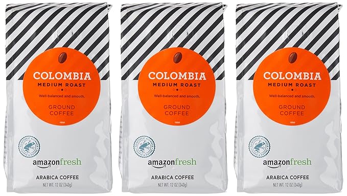 Amazon Fresh Colombia Ground Coffee, Medium Roast, 12 Ounce (Pack of 3)
