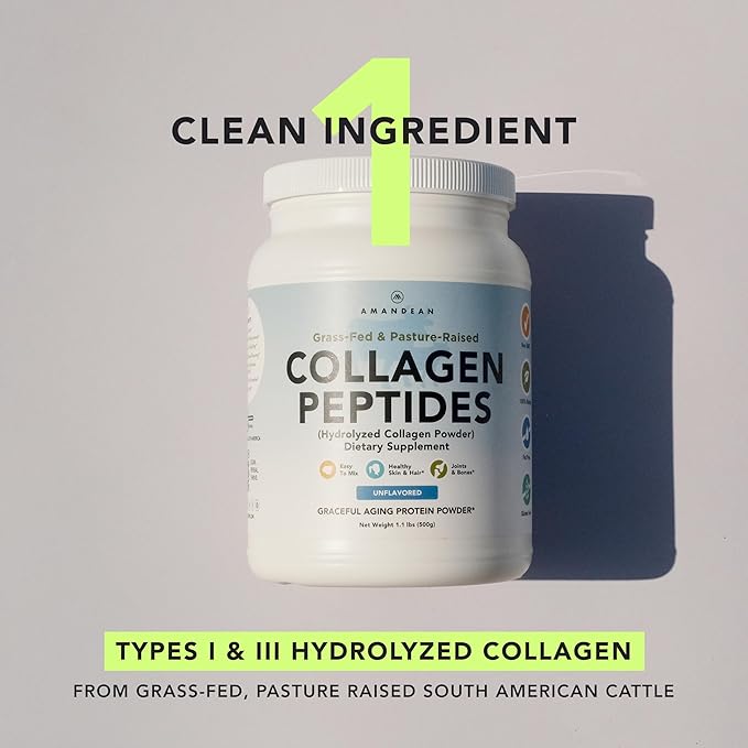 AMANDEAN Collagen Peptides Powder (17.6oz). Grass-Fed Hydrolyzed Protein Supplement. Promotes Healthy Joints, Skin, Hair, Nails. Unflavored & Easy to Mix.