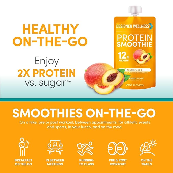 Designer Wellness Protein Smoothie, Real Fruit, 12g Protein, Low Carb, Zero Added Sugar, Gluten-Free, Non-GMO, No Artificial Colors or Flavors, Peach Mango, 24 Count