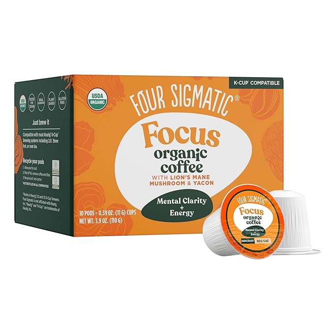 Four Sigmatic Mushroom Coffee K-Cups | Organic Dark Roast Coffee with Lion’s Mane Mushroom Powder & Yacon | Focus & Immune Support | Vegan & Keto | Sustainable Pods | 10 Count