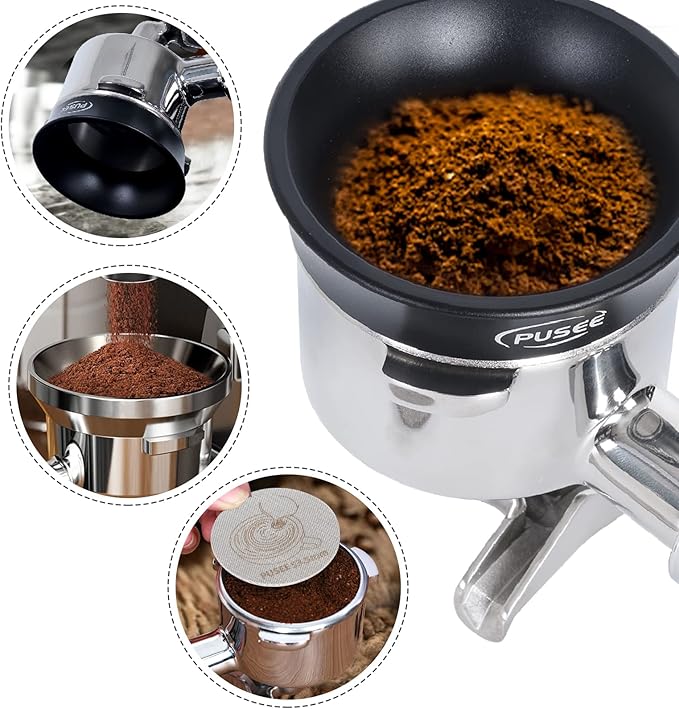 58mm Espresso Dosing Funnel & 58.5mm Puck Screen,PUSEE Coffee Dosing Ring Aluminum Metal,Reusable 1.7mm Thickness 150μm Espresso Puck Screen 316 Stainless Steel Fits 58mm Portafilter