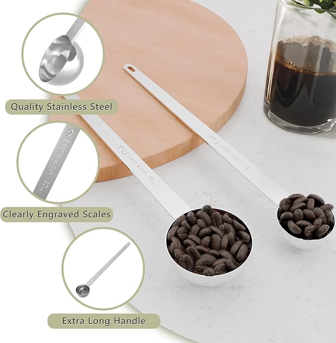 2PCS Coffee Scoop Set (1tbsp, 2tbsp), Extra Long Handle Measuring Spoon, 15 ml and 30 ml Stainless Steel Coffee Scooper