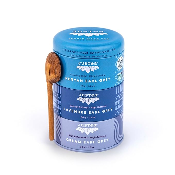 JusTea EARL GREY TEA TRIO | Stacking Tins Variety Pack with Hand Carved Tea Spoon | Loose Leaf Tea | High Caffeine | Fair Trade | Non-GMO
