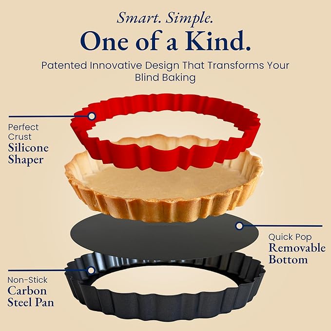 Patz&Patz Fluted Tart Pan 9 Inch Removable Bottom with Patented Silicone Crust Shaper | Nonstick Carbon Steel Quiche Baking Dish, Fruit Tart Molds for Baking, Quiche Pan & Pie Mold - PFOA & PTFE-Free