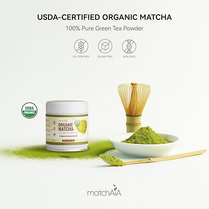 MatchAiA Organic Ceremonial Matcha Green Tea Powder - Superior Ceremonial Grade, First Spring Harvest, USDA Certified, 100% Pure - Sugar Free, Gluten Free (40g / 1.4oz Tin)