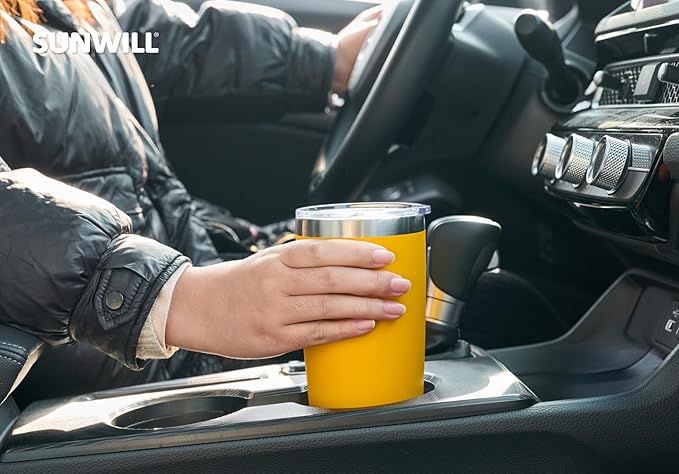 SUNWILL Travel Coffee Tumbler 20 oz, Insulated Mug with Lid, Stainless Steel Cup for Hot and Cold Drinks, Powder Coated Yellow