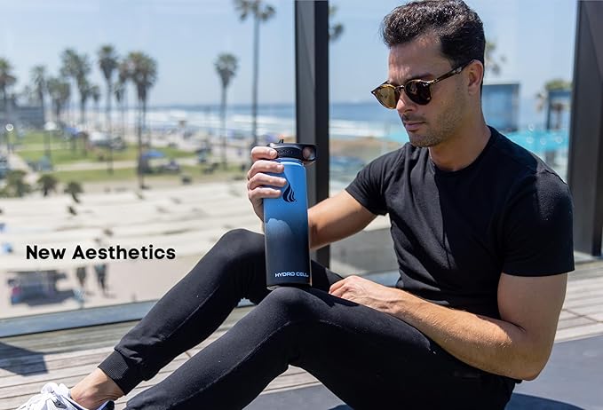 HYDRO CELL Stainless Steel Insulated Water Bottle with Straw - For Cold & Hot Drinks - Metal Vacuum Flask with Screw Cap and Modern Leakproof Sport Thermos for Adults (Blue/Black 24oz)