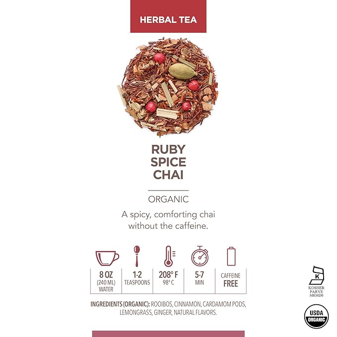 Teabloom Organic Herbal Tea, Ruby Spice Chai Loose Leaf Tea, Spicy and Rich Rooibos Chai with No Caffeine, USDA and EU Certified Organic, Fresh Whole Leaf Blend in Reusable Gift Canister, 3 oz/85 g Canister Makes 35-50 Cups