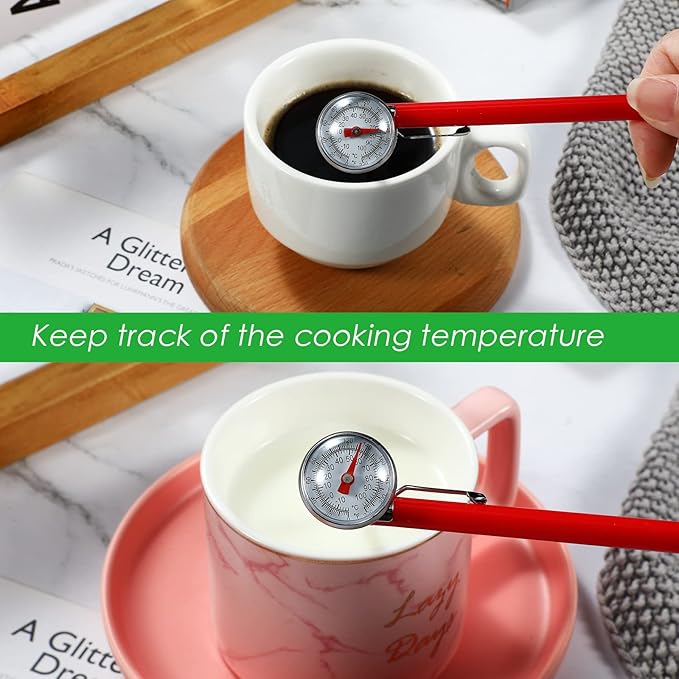 Xuhal 1 Pcs Stainless Steel Kitchen Thermometer with 5 Inch Long Stem 1 Inch Dial Thermometer Milk Frothing Food for Oven Probe Meat Grill BBQ Cooking Chocolate Water (Red)