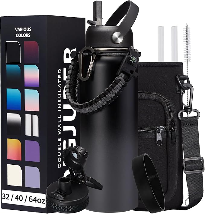 Vacuum Insulated Water Bottle 40oz - w/Straw Lid & Spout Lid, Carrier Bag, Paracord Handle, Bottle Boot, Stainless Steel Water Bottle for Adults, Wide Mouth Thermo Bottle Flask Cold-48H Hot-24H