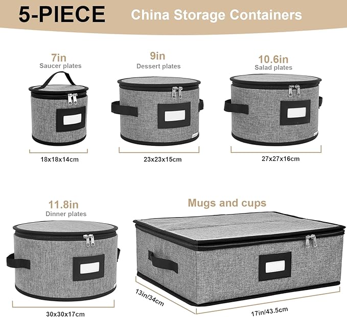 China Storage Containers, Hard Shell with Felt Dividers for Plates, Moving Boxes for Dishes, Cups, Mugs, Tableware Moving Supplies for Kitchen Organization- 5-Piece Set