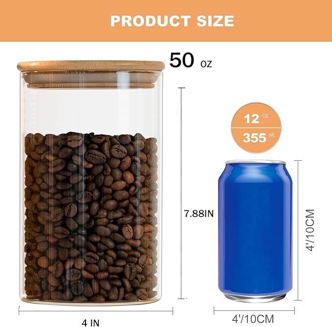 50oz Glass Food Storage Jars Set of 6,Glass Storage Containers Clear Glass Food Canister with Bamboo Lid Airtight For Serving Tea, Coffee, Flour, Sugar, Candy, Cookie, Spice and More (Round)