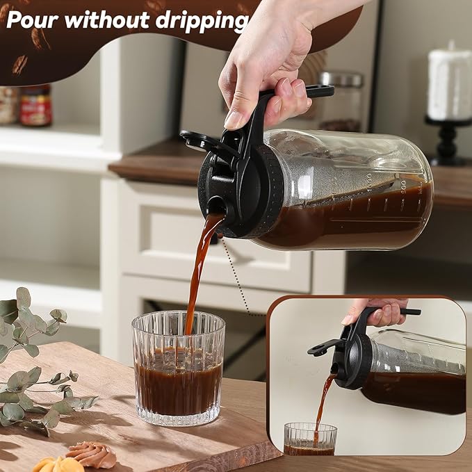 Cold Brew Coffee Maker Pitcher 64-ounce Glass Wide Mouth Mason Jar with Stainless Steel Filter and Pour Spout Handle Lid (Black, 64Ounce)