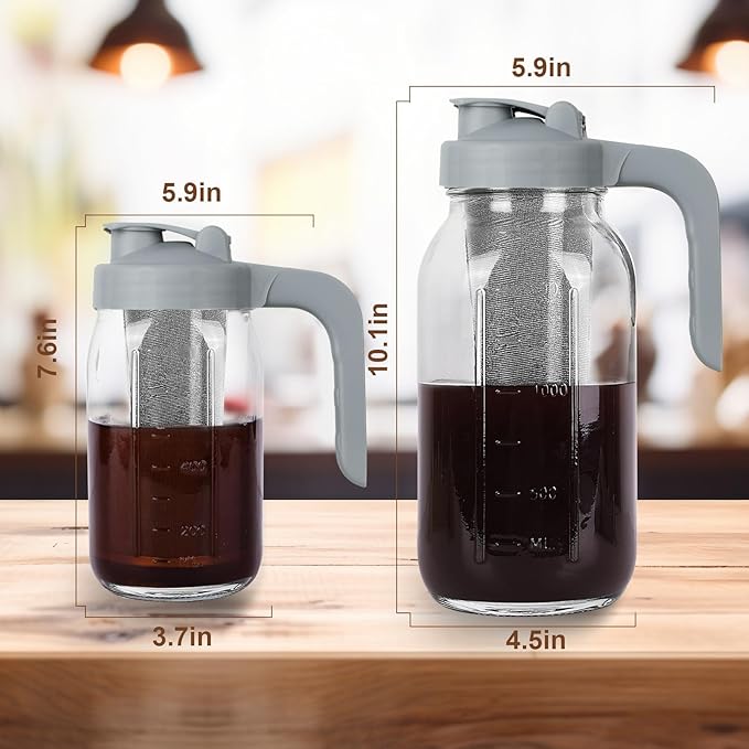Cold Brew Coffee Maker Pitcher,32 Oz Glass Mason Jar Pitcher with V-shaped Pour Spout Handle Lid,Stainless Steel Filter for Iced Coffee,Iced tea,Breast Milk,Fruit Drinks,lemonade-Gray