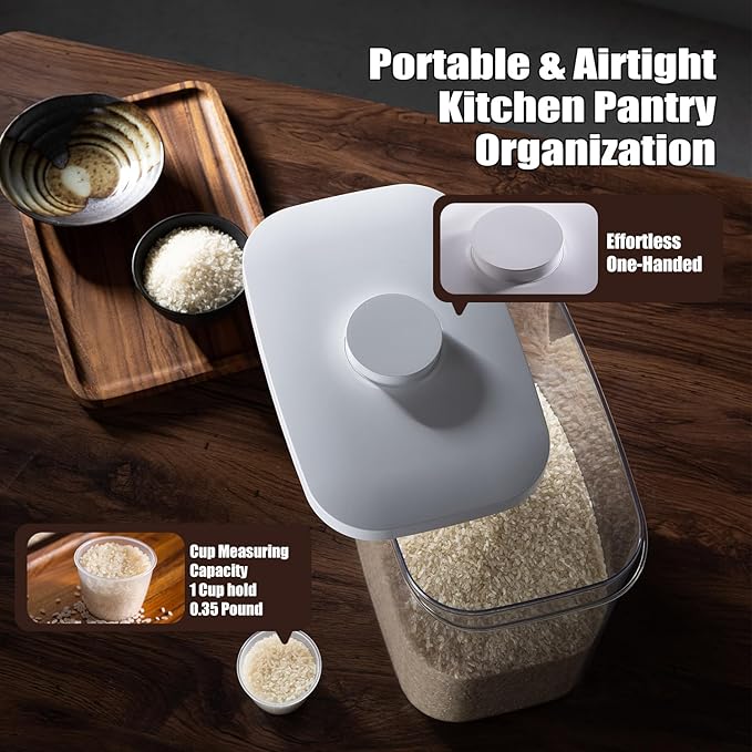 Rice Container - 25 Lbs/12KG/12L Rice Dispenser Storage with Measuring Cup Food Cereal Container Bins Pet Food Container Household for Kitchen Pantry Organization