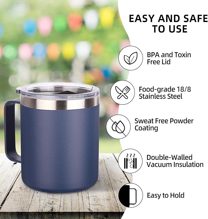 Volhoply 14oz Insulated Stainless Steel Coffee Mug with Leakproof Lid,Double Wall Vacuum Travel Coffee Cup with Handle,Reusable Metal Cups Tumbler,Camping Mugs Keep Hot&Cold,Ideal Gifts(Navy,1)