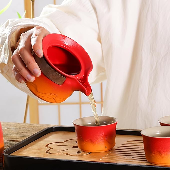 LURRIER Gongfu tea sets, Portable Ceramic TeaSet, Asian Tea sets for adult, Tea Gift sets, Grey leather case, Portable Travel Bag,Home,Gifting,Outdoor and Office(XRed and Orange)