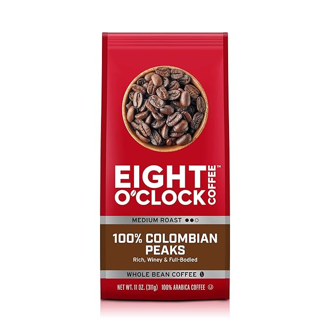 Eight O'Clock Coffee 100% Colombian Peaks Whole Bean Coffee, Medium Roast, 11 Ounce (Pack of 1) - Rich, Winey & Full Bodied
