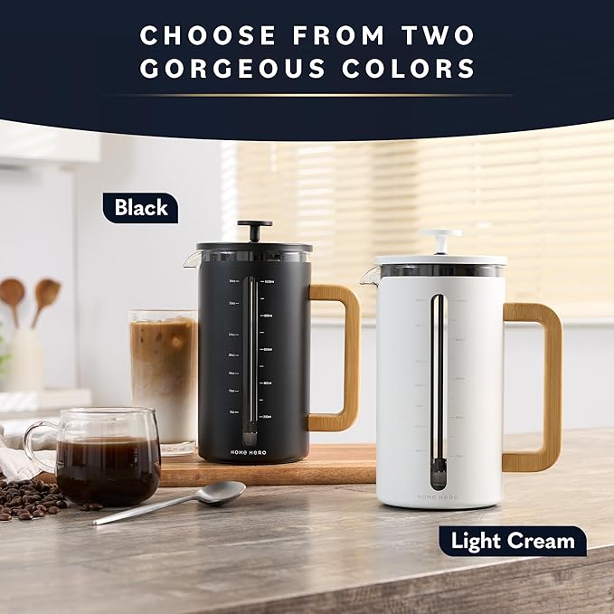 Home Hero French Press Coffee Maker - 34 oz Coffee Press with Bamboo Wood Handle, Heat Resistant Thick Borosilicate Glass French Presses, 4 Layer Filter, French Press Stainless Steel (Black)
