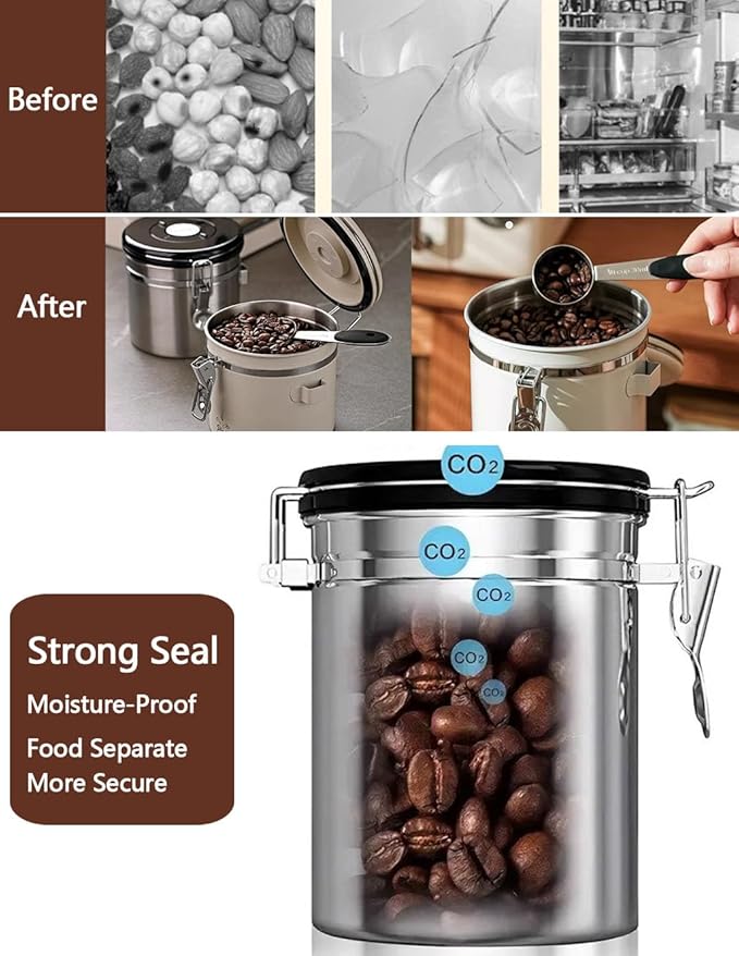 Coffee Canister Airtight Storage Container Stainless Steel Air Tight Coffee Jar with Scoop, Date Tracker CO2 Release Valve for Dry Food, Beans, Ground, Tea, Flour, Cereal and Sugar (1.8L-Silver-2pcs)