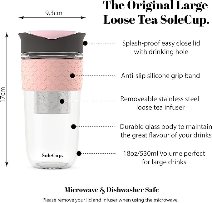 Large Travel Mug Loose Tea Infuser - Detachable Tea Strainer with Spill Proof Lid - 18oz/530ml BPA-Free Reusable Glass Travel Coffee Cup with Silicone Band (Pink) (Grey and Pink)